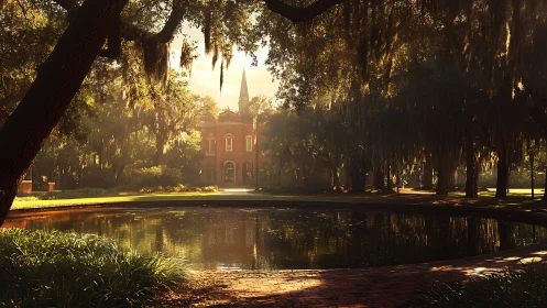 Morning light silhouettes a historic brick manor across a pond