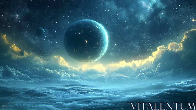 Celestial ocean planet floats above luminous cloud horizon.