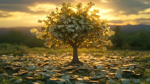 Golden hour money tree with lush banknote foliage glows.