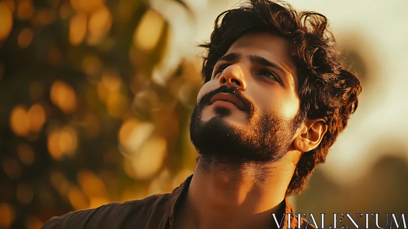 Warm dusk portrait of pensive man in golden bokeh glow.