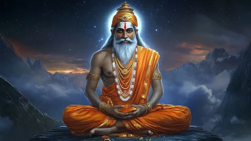 Digital yogic sage portrait rendered in luminous mountain night