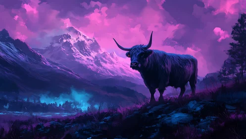 Highland cattle silhouette against magenta mountain range.