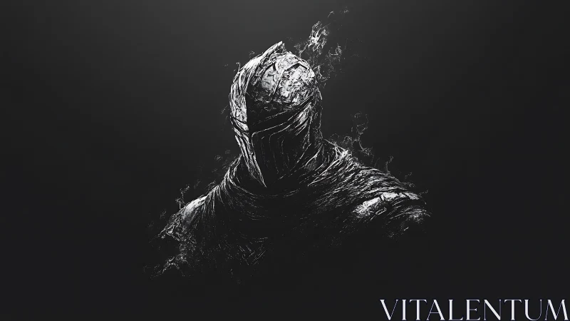 Armored figure rendered in monochrome digital contrast