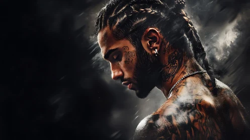 Tattooed man in moody profile with braided hair and light.