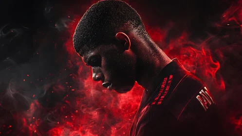 Brooding football icon carved in crimson electric smoke.