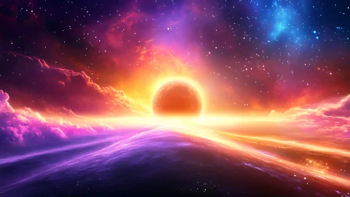 Planetary horizon with luminous nebula sky viewed distantly.