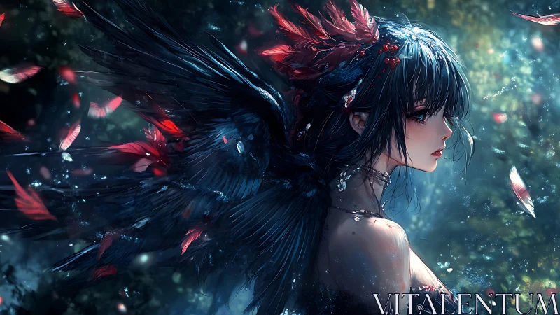 Dark-winged anime maiden amid swirling crimson feathers.
