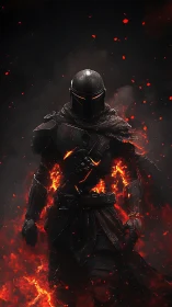 Lone armored wanderer stepping through a storm of fire.