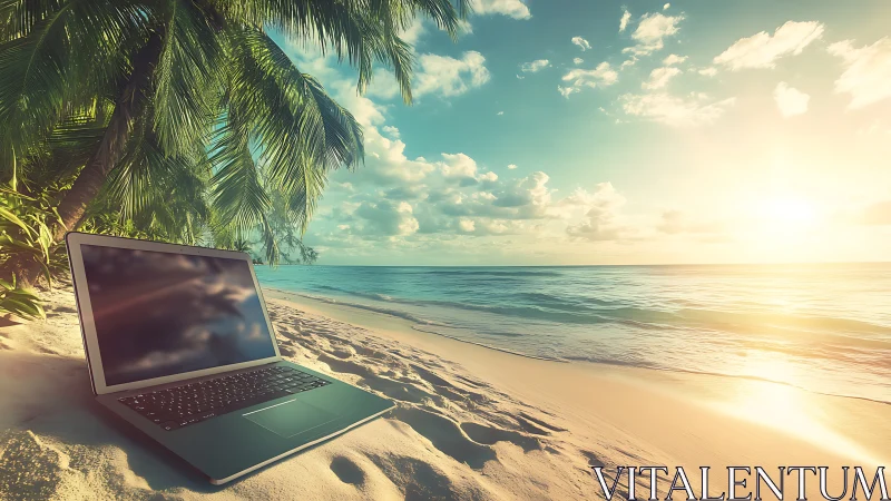 Laptop on tropical beach shoreline under bright sunset light.