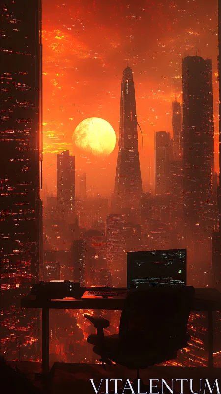 Luminous cybernetic skyline observed from hacker workstation.