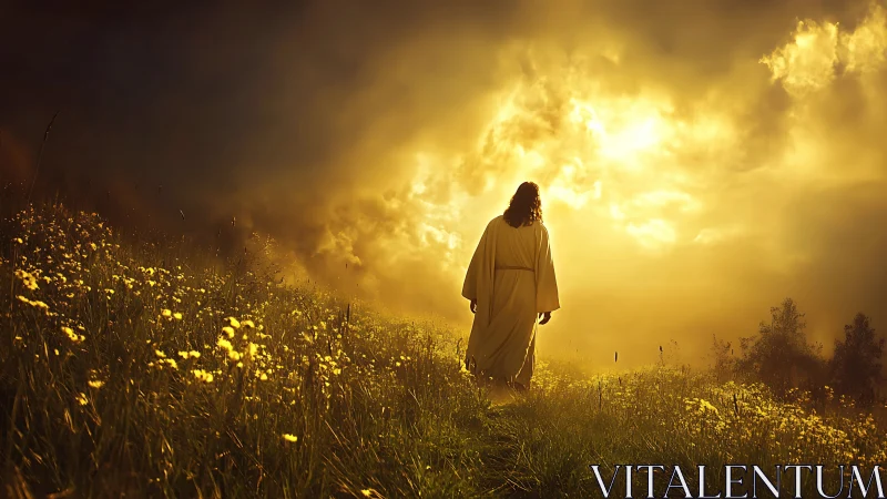 Robe clad figure walks toward blazing golden sunset sky.