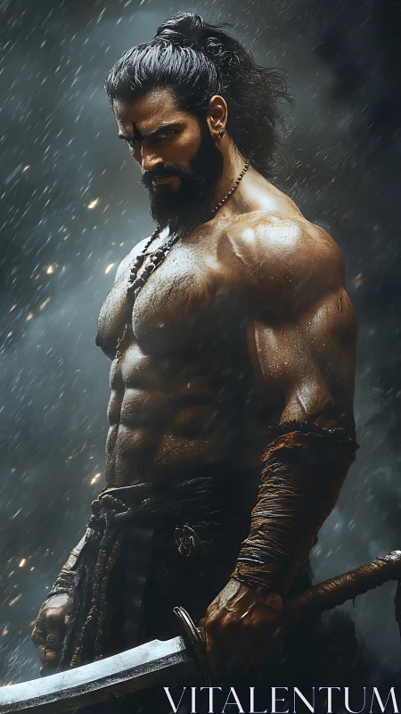 Storm‑lit warrior anatomy study with high dynamic contrast.