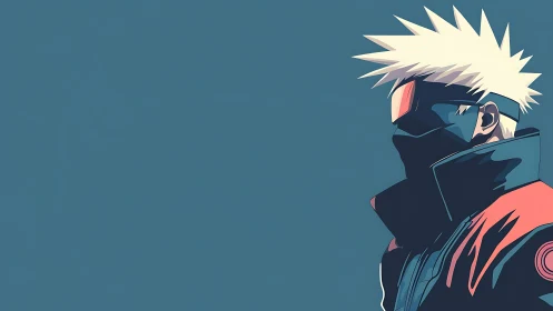 Stylized masked figure in profile against flat blue field.