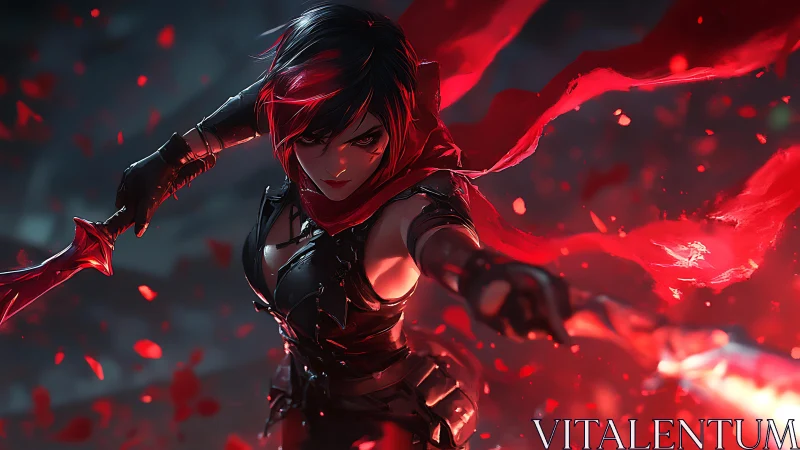 Dynamic anime heroine in red cloak, high-action composition.