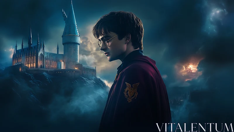 Quiet young wizard gazes over a misty, magical castle night