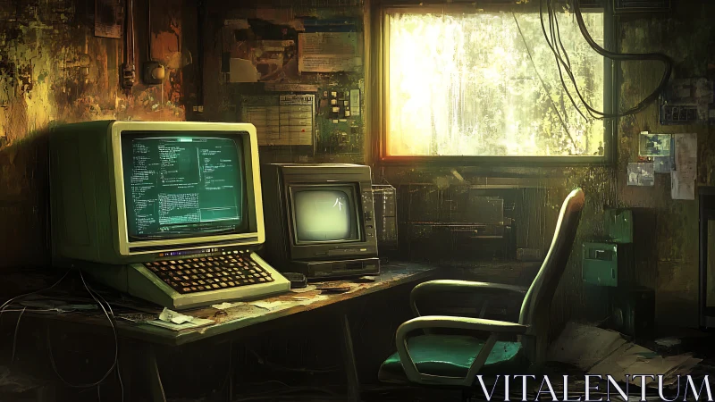 Retro hacker workstation glows inside decaying control room