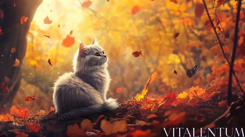 White fluffy cat in autumn forest surrounded by falling leaves.