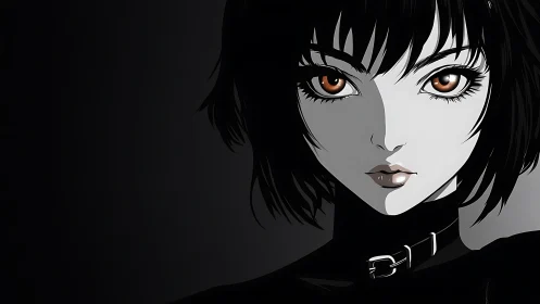 Monochrome anime portrait with high-contrast amber eyes.