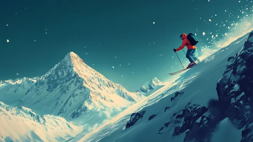 Skier descends steep snowy mountain slope under clear sky