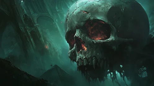 Gigantic eroded skull with molten eye sockets dominates abyssal ruin