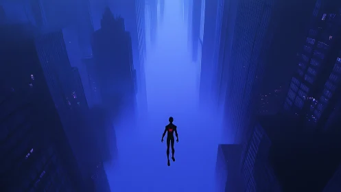 Silhouetted figure suspended amid dense blue city towers.