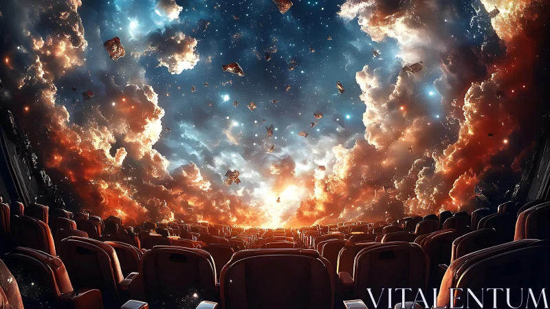 Cosmic cinema sky opens above rows of empty red seats