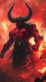 Infernal horned demon strides through erupting firestorm