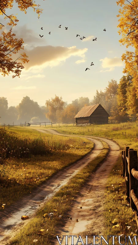 Golden country lane curves gently toward a quiet autumn barn