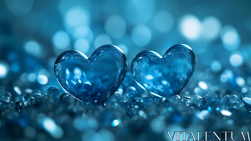 Glass Hearts in Crystalline Blue Bokeh Environment.