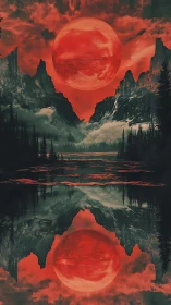 Crimson moonrise mirrored over misty mountain waters.