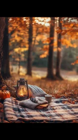 Lanternlit autumn picnic nest under amber forest hush.