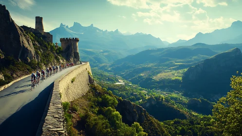 Cyclists racing along fortress ridge above sunlit valley.
