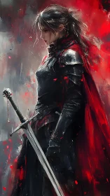 Armored female knight in profile with longsword and red cloak