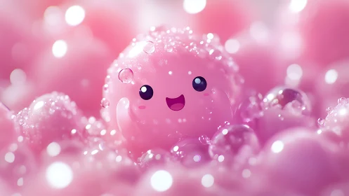 Happy Pink Bubble Character Surrounded by Sparkles