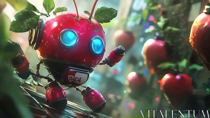 Tiny orchard explorer robot in glowing neon garden scene.