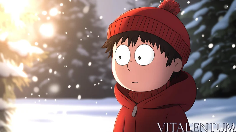 Winter forest child in red coat under glowing snowfall.