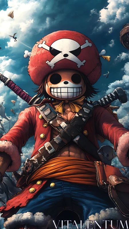 Sky-high grin pirate captain amid roaring cloud oceans.