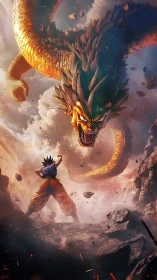 Saiyan warrior confronting colossal dragon amid explosive sky