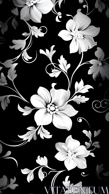 Black and White Floral Vines: Classical Botanical Engraving Pattern.