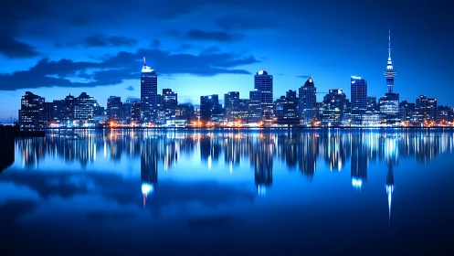 Neon-lit harbor skyline glows against deep blue twilight.