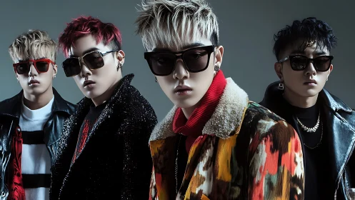 Four stylized male figures in high-contrast fashion portrait lighting