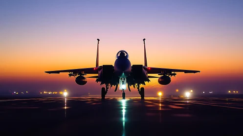 Military jet fighter on runway against vivid sunset sky.