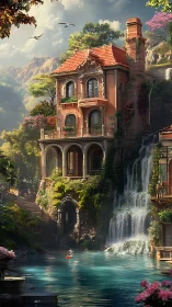 Clifftop villa pouring waterfalls into a secret turquoise canal.