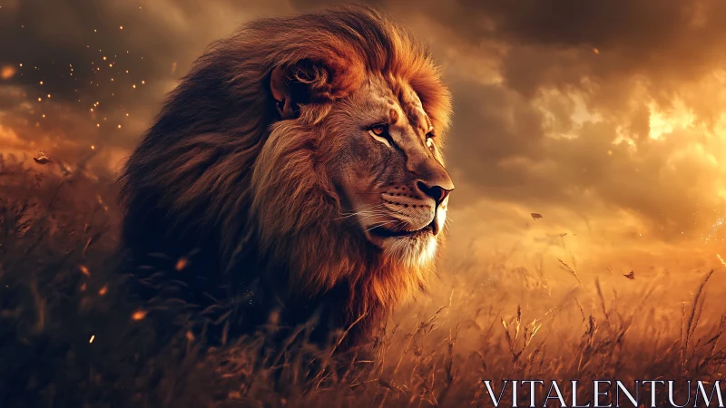 Majestic lion gazes into a blazing golden sunset sky.