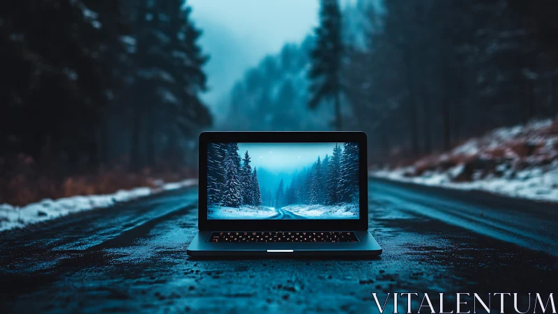 Laptop displays matching snowy forest road scene outdoors