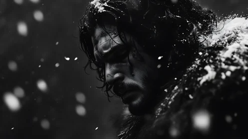 Snowbound warrior bows beneath a storm of silent regret.