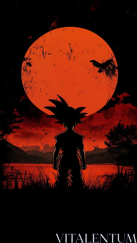 Silent warrior beneath the blood-red colossal moonrise.