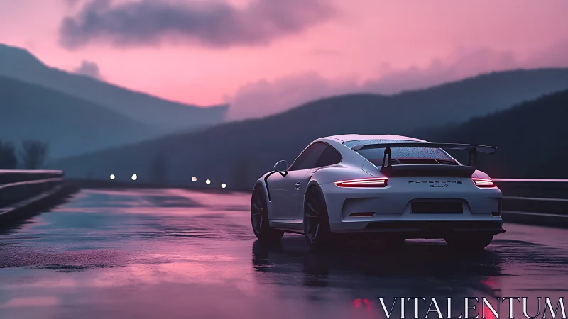White Porsche 911 on wet mountain highway at pink dusk