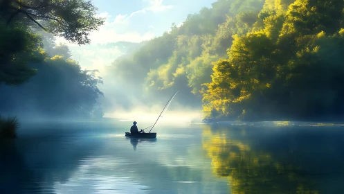 Quiet morning fishing on a misty, sunlit forest lake.