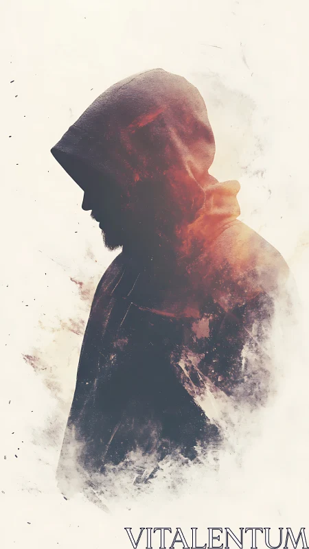 Hooded silhouette dissolving in textured abstract light.
